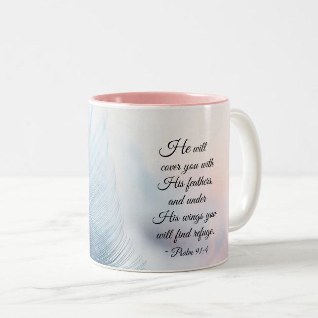 Psalm 91:4 Er wird dich mit Seinen Federn bedecken Zweifarbige Tasse (VorderseiteRechts)