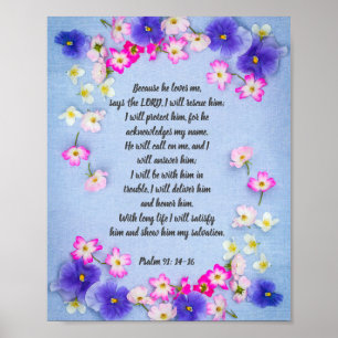 Psalm 91 auf blauem Gewebe mit Blumen, Plakat