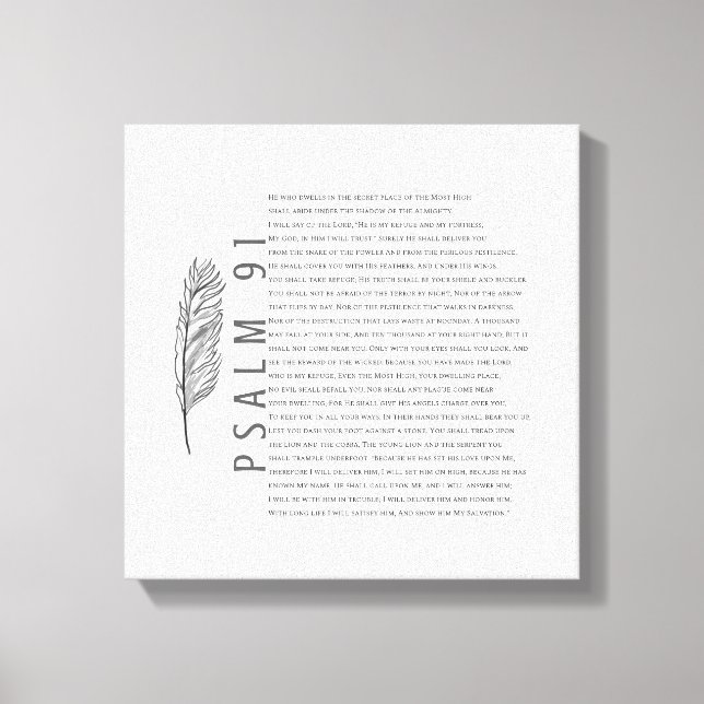 Psalm 91 Modernes Schwarz-weißes Feather Bible Ver Leinwanddruck (Vorderseite)