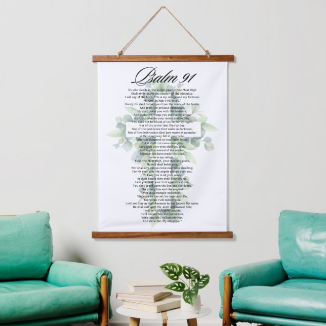 Psalm 91 Religious Cross with Eucalyptus Christian Wandteppich Mit Holzrahmen (Wohnzimmer)