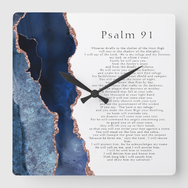 Psalm 91 Scripture Navy Blue Rose Gold Geode Quadratische Wanduhr (Vorderseite)
