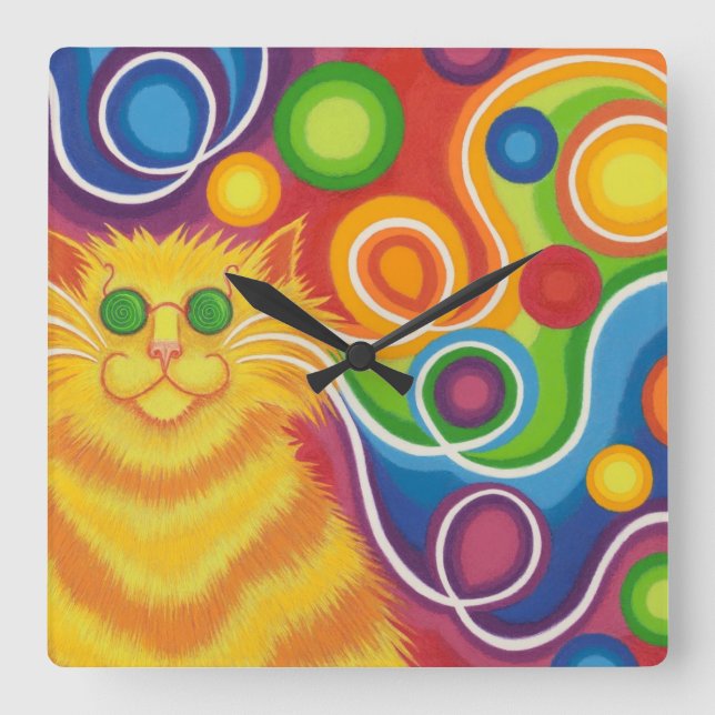 Psy-cat-delic clock square quadratische wanduhr (Vorderseite)
