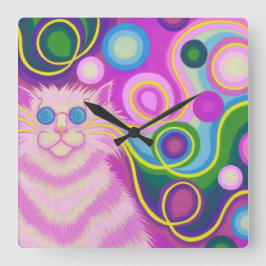 Psy-cat-delic Pink clock square Quadratische Wanduhr