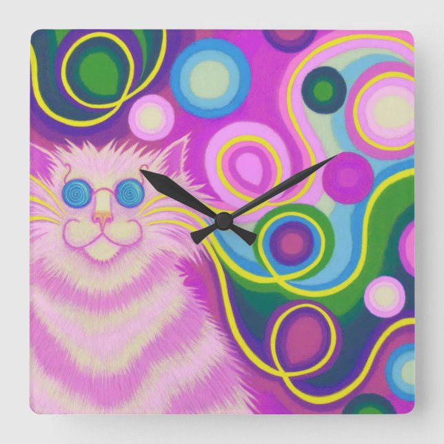 Psy-cat-delic Pink clock square Quadratische Wanduhr (Vorderseite)