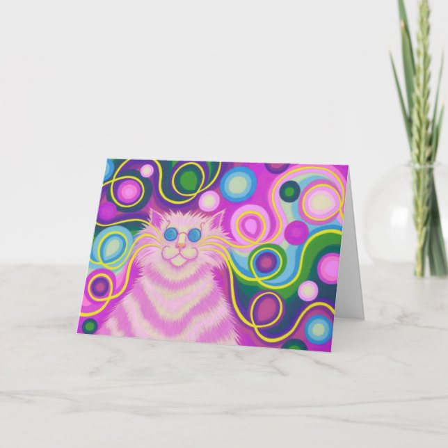 Psy-cat-delic Pink "Happy Birthday" Grüße Karte (Vorderseite)