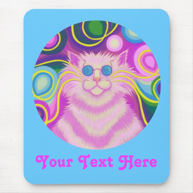 Psy-cat-delic pink rund um "Dein Text" blaues Mous Mousepad (Vorne)