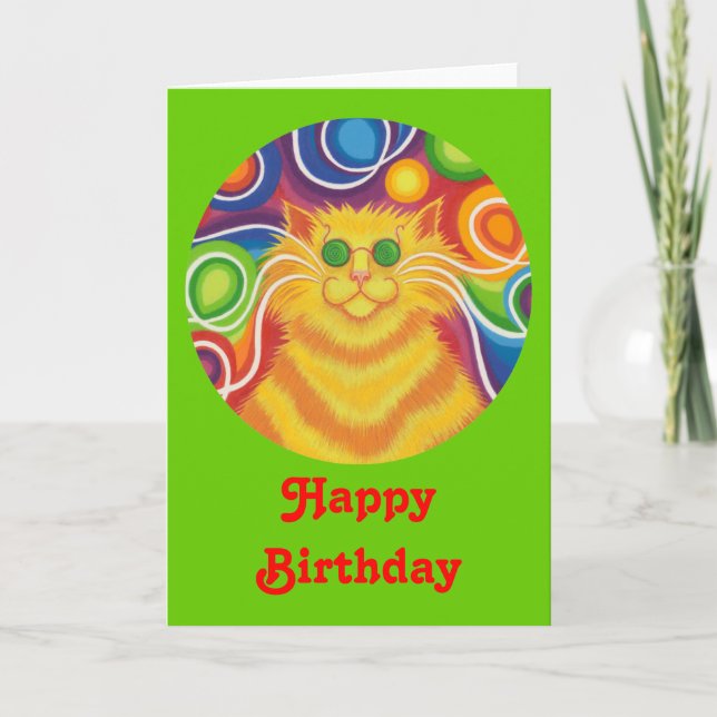 Psy-cat-delic Round 'Happy Birthday' Karte grün (Vorderseite)