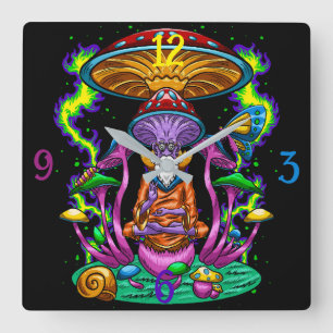 Psycedelic Hippy Mushroom Square Wall Clock Quadratische Wanduhr