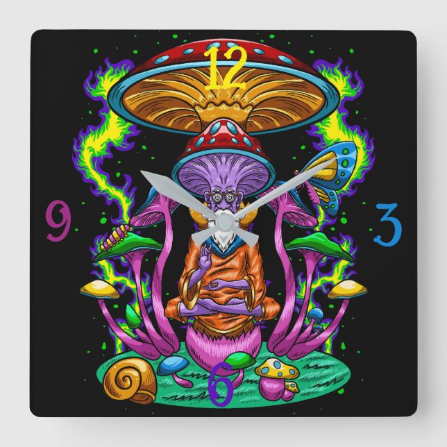 Psycedelic Hippy Mushroom Square Wall Clock Quadratische Wanduhr (Vorderseite)