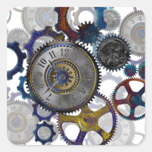 Psychadelic steampunk gears, Cogs, clock face gift Quadratischer Aufkleber
