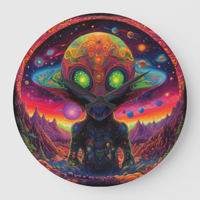 Psychedelic Alien Friend Große Wanduhr (Vorderseite)