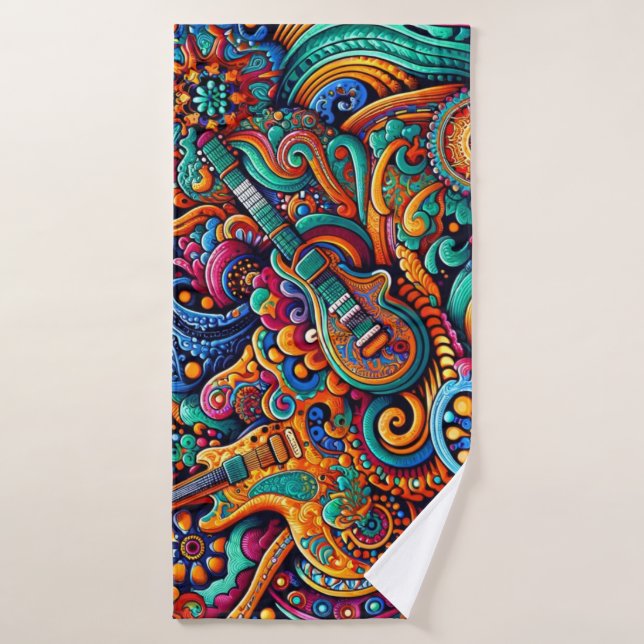 Psychedelic Batik Gitarre Kunstfarbenfrohe Retro M Badhandtuch Set (Badehandtuch)