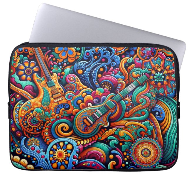 Psychedelic Batik Gitarre Kunstfarbenfrohe Retro M Laptopschutzhülle (Vorderseite)