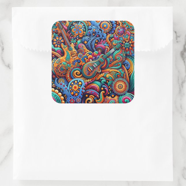 Psychedelic Batik Gitarre Kunstfarbenfrohe Retro M Quadratischer Aufkleber (Tasche)