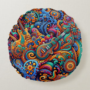 Psychedelic Batik Gitarre Kunstfarbenfrohe Retro M Rundes Kissen