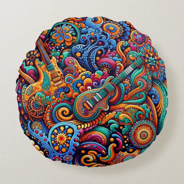 Psychedelic Batik Gitarre Kunstfarbenfrohe Retro M Rundes Kissen (Vorderseite)
