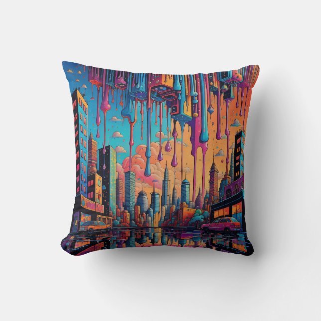 Psychedelic Blue Orange Drippy City Kissen (Vorderseite)