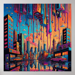 Psychedelic Blue Orange Drippy City Poster