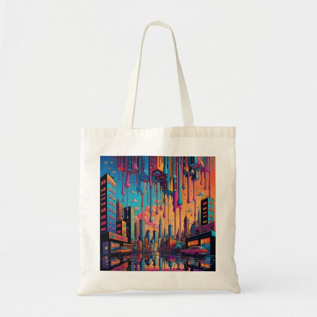 Psychedelic Blue Orange Drippy City Tragetasche (Vorne)