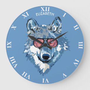 Psychedelic Blue Wolf With Pink Sunglasses Cool Große Wanduhr