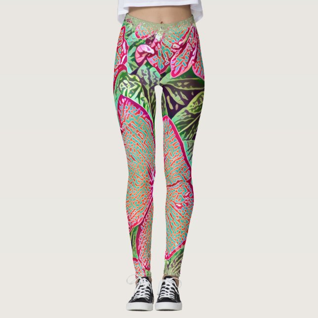 Psychedelic Caladium Leaf Botanical Print Leggings (Vorderseite)
