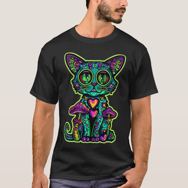 Psychedelic Cat Mushroom Art Edm Rave T-Shirt (Vorderseite)
