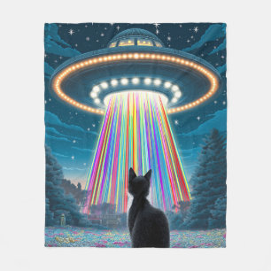 Psychedelic Cat & UFO   Funny Alien Abduction Art Fleecedecke