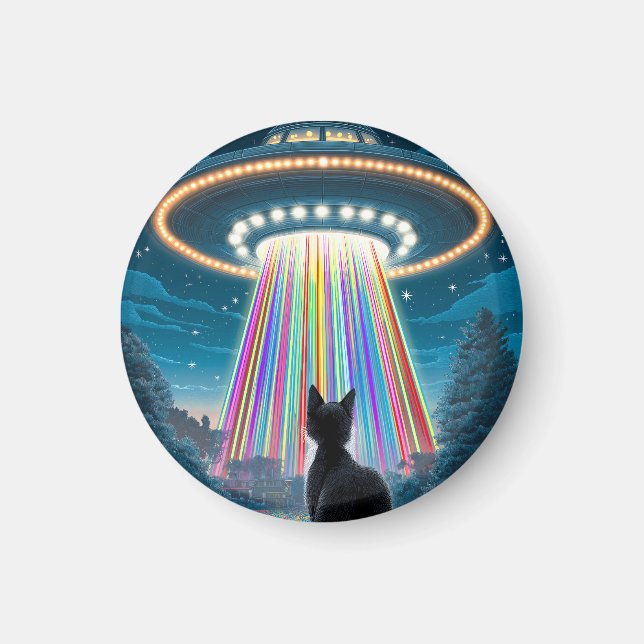 Psychedelic Cat & UFO | Funny Alien Abduction Art Magnet (Vorne)