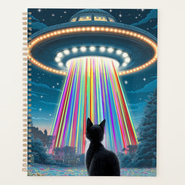 Psychedelic Cat & UFO | Funny Alien Abduction Art Planer (Vorderseite)