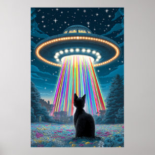 Psychedelic Cat & UFO   Funny Alien Abduction Art Poster