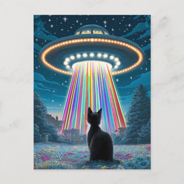 Psychedelic Cat & UFO | Funny Alien Abduction Art Postkarte (Vorderseite)