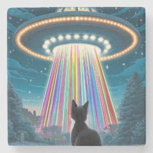 Psychedelic Cat & UFO Funny Alien Abduction Art Steinuntersetzer