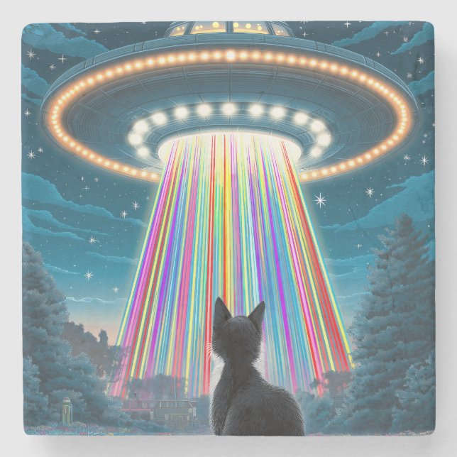 Psychedelic Cat & UFO | Funny Alien Abduction Art Steinuntersetzer (Vorderseite)