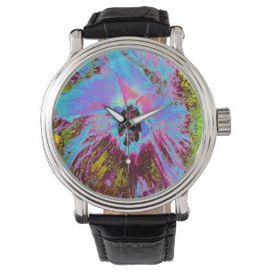 Psychedelic Cornflower Blue und Magenta Hibiskus Armbanduhr