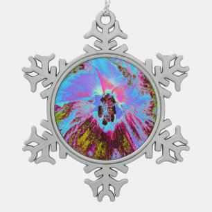 Psychedelic Cornflower Blue und Magenta Hibiskus Schneeflocken Zinn-Ornament