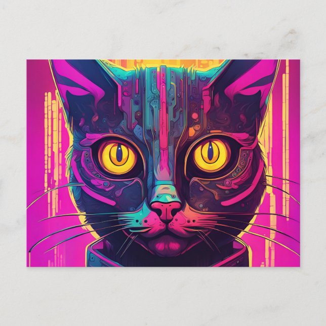 Psychedelic Cyber Cat Postkarte (Vorderseite)