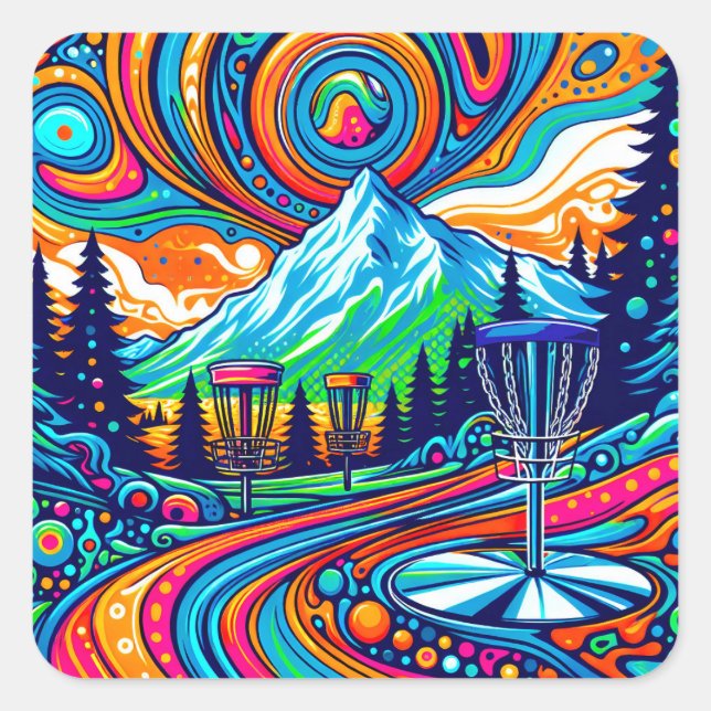 Psychedelic Disk Golf Course Quadratischer Aufkleber (Vorderseite)