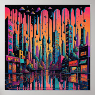 Psychedelic Drippy City Art Poster