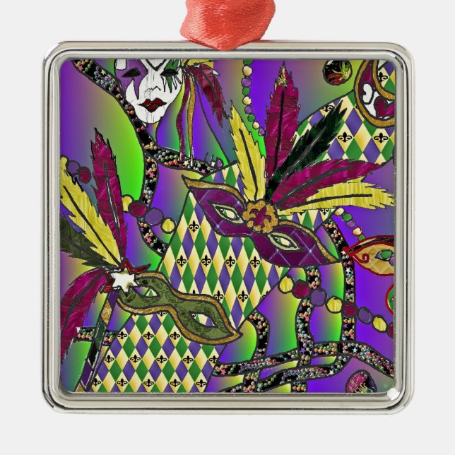 Psychedelic Feather Masks Fettdienstag Silbernes Ornament (Vorne)