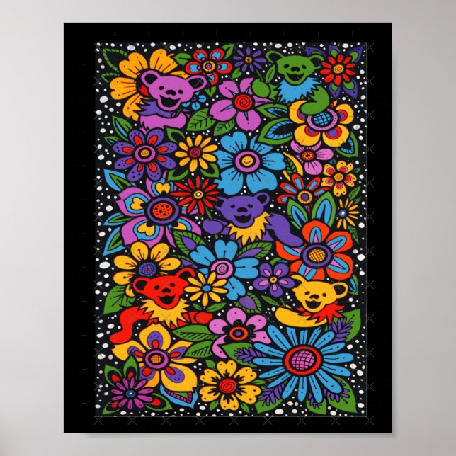 Psychedelic Flowers Dancing Bears Coloured Gratefu Poster (Vorne)