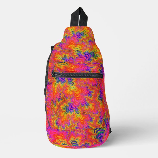 Psychedelic Funky Hippie Boho Neon Rainbow Fraktal Crossbody Bag (Vorderseite)