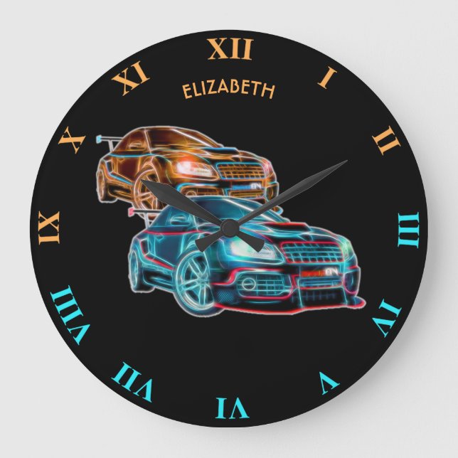Psychedelic Futuristic Sport Cars Glowing Neon Große Wanduhr (Vorderseite)
