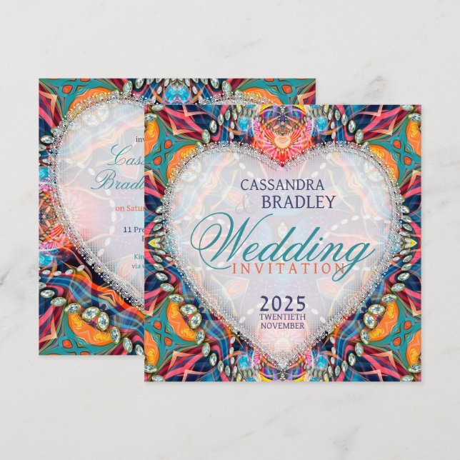Psychedelic Glam Crystal Heart Wedding Einladung (Vorne/Hinten)