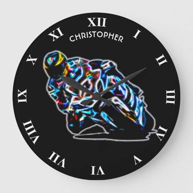 Psychedelic Glowing Racing Bike Motorcycle Rider Große Wanduhr (Vorderseite)