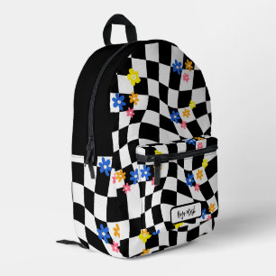 Psychedelic Groovy Daisy Checkerboard, Y2K 90s Bedruckter Rucksack