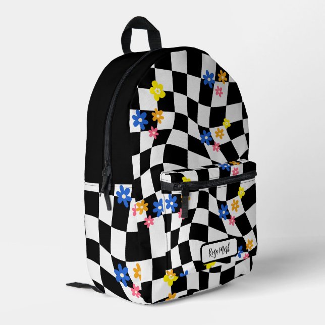 Psychedelic Groovy Daisy Checkerboard, Y2K 90s Bedruckter Rucksack (Rückseitige Ecke links)