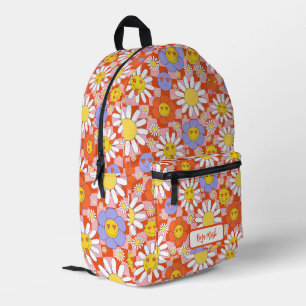 Psychedelic Groovy Daisy Checkerboard, Y2K 90s Bedruckter Rucksack