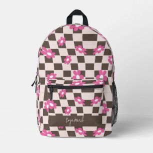Psychedelic Groovy Floral Checkerboard, Y2K 90s Bedruckter Rucksack