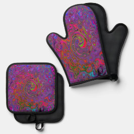 Psychedelic Groovy Magenta Retro Liquid Swirl Ofenhandschuh & Topflappen-Set
