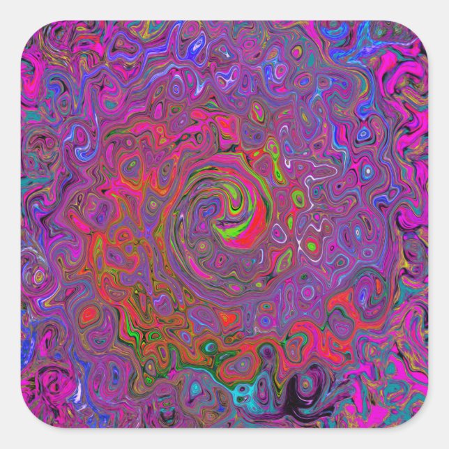 Psychedelic Groovy Magenta Retro Liquid Swirl Quadratischer Aufkleber (Vorderseite)